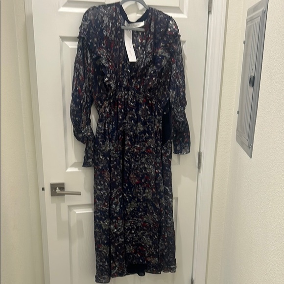 IRO SILK  Metalic Skage Ruffle-Trim Midi Dress Sz M - Picture 8 of 10